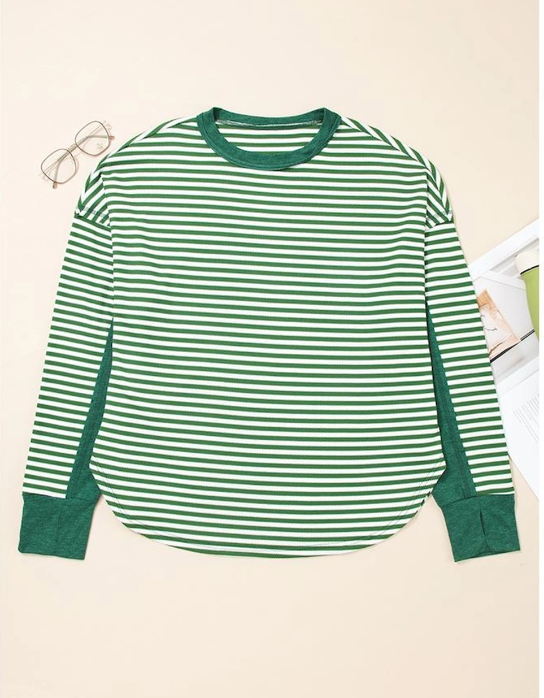 Green Stripe Exposed Seam Patchwork Plus Size Thermal Top