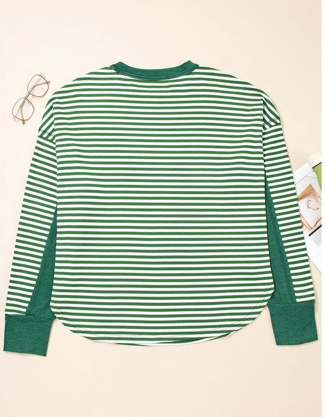 Green Stripe Exposed Seam Patchwork Plus Size Thermal Top