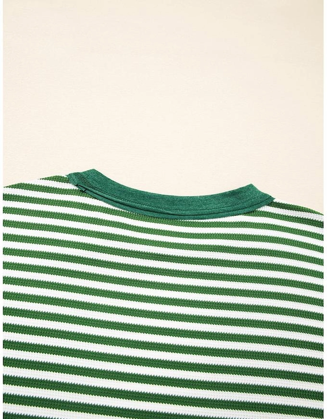 Green Stripe Exposed Seam Patchwork Plus Size Thermal Top