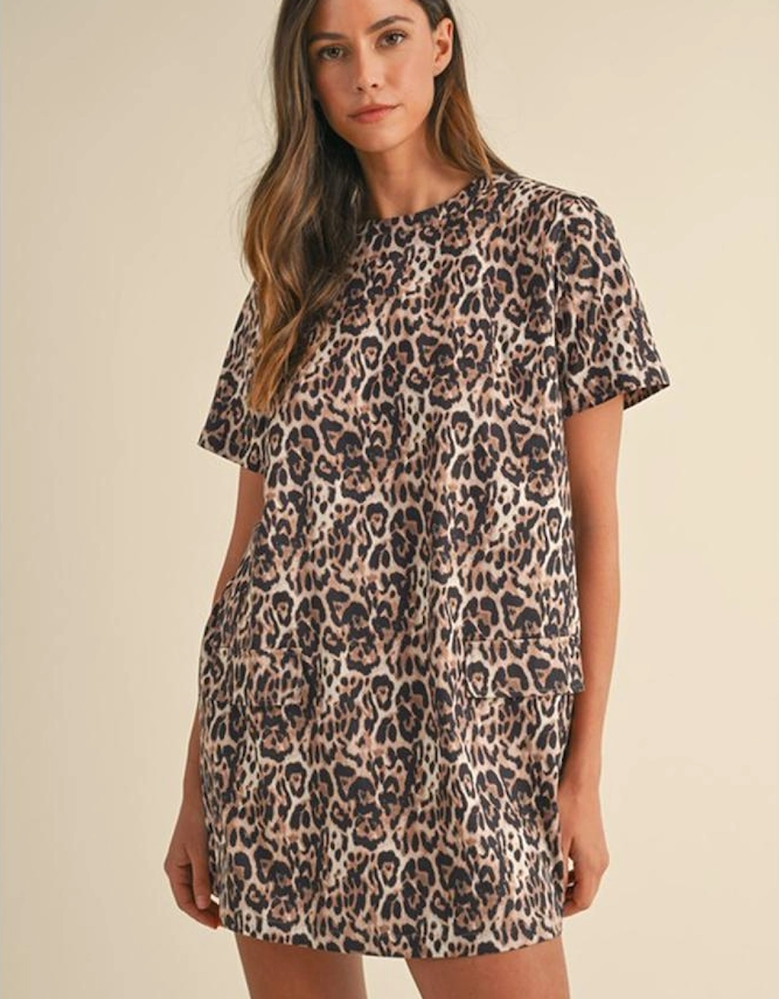 Brown Leopard Print Crew Neck Shift Short T Shirt Dress