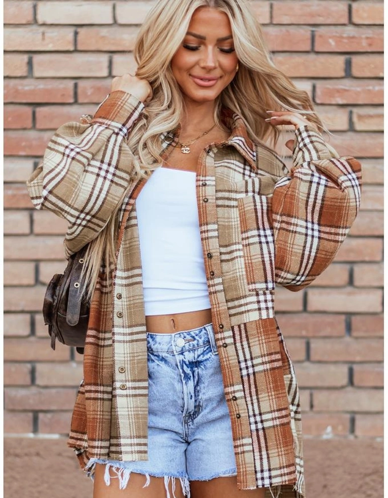 Khaki Plaid Colorblock Patchwork High Low Shacket