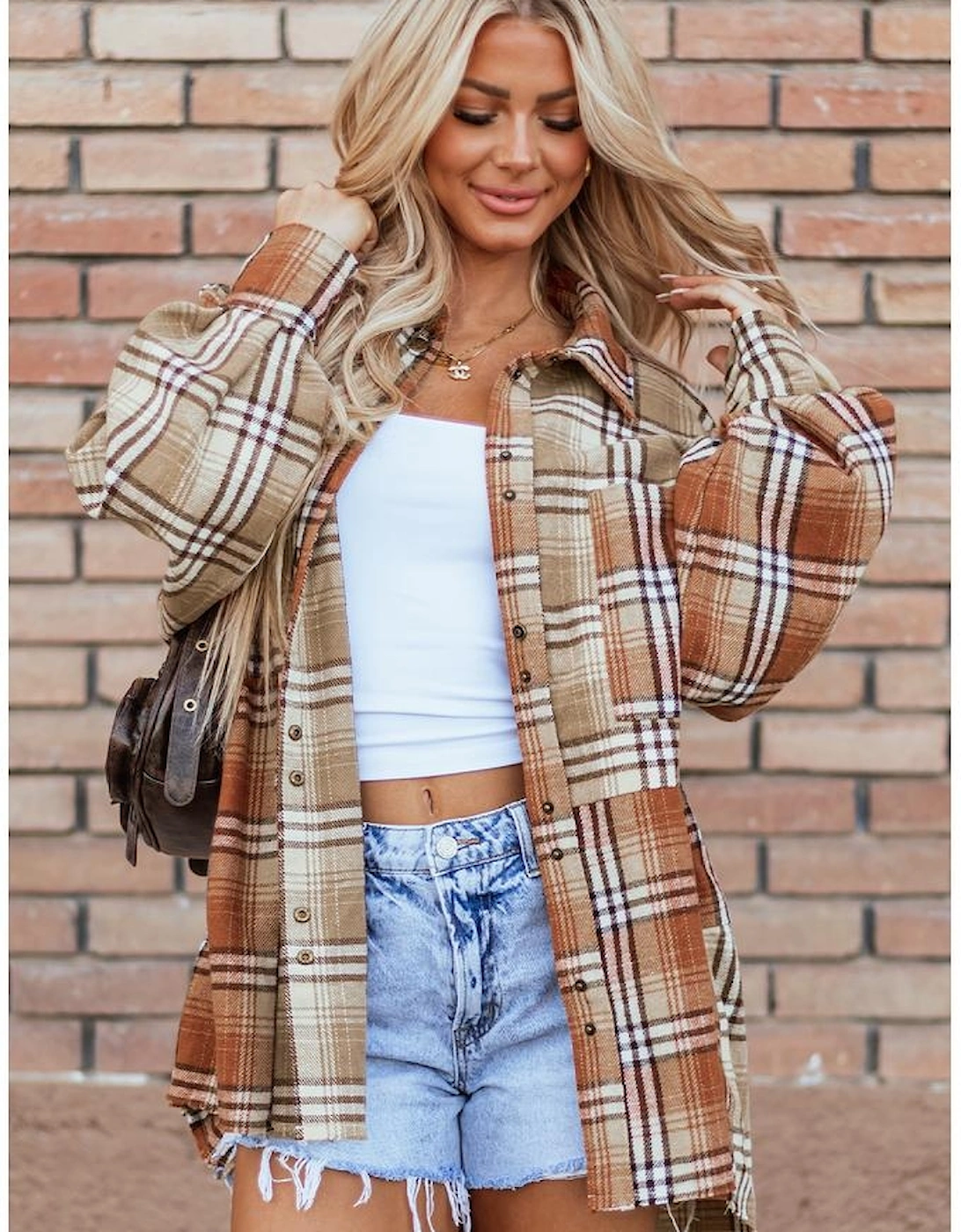 Khaki Plaid Colorblock Patchwork High Low Shacket, 14 of 13