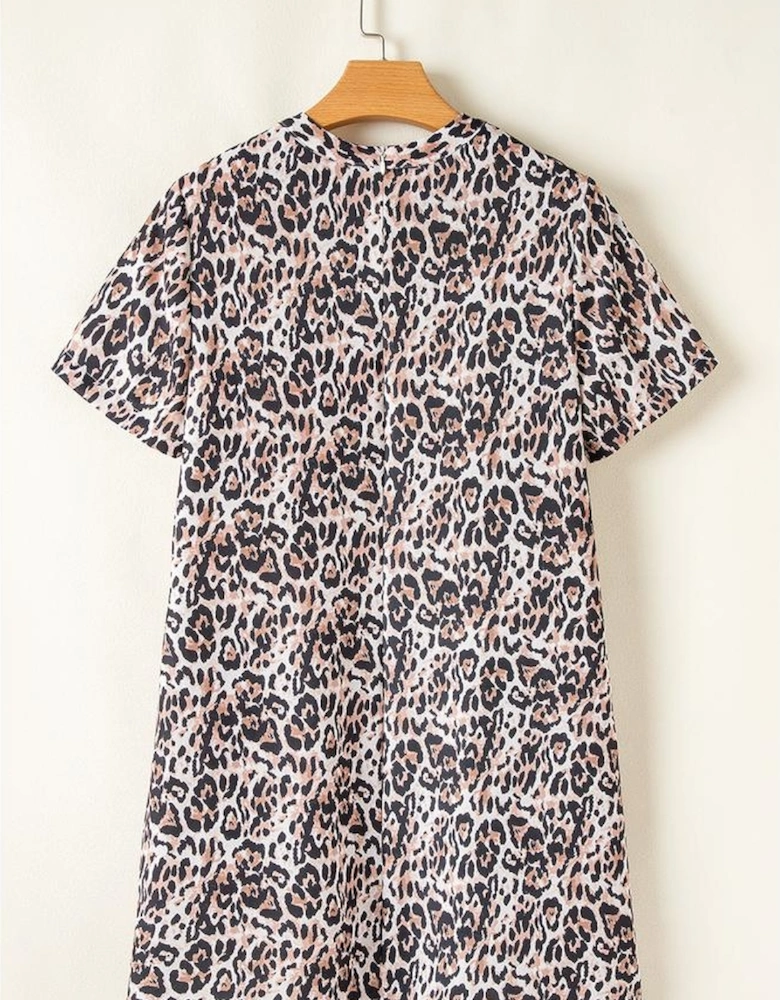 Brown Leopard Print Crew Neck Shift Short T Shirt Dress