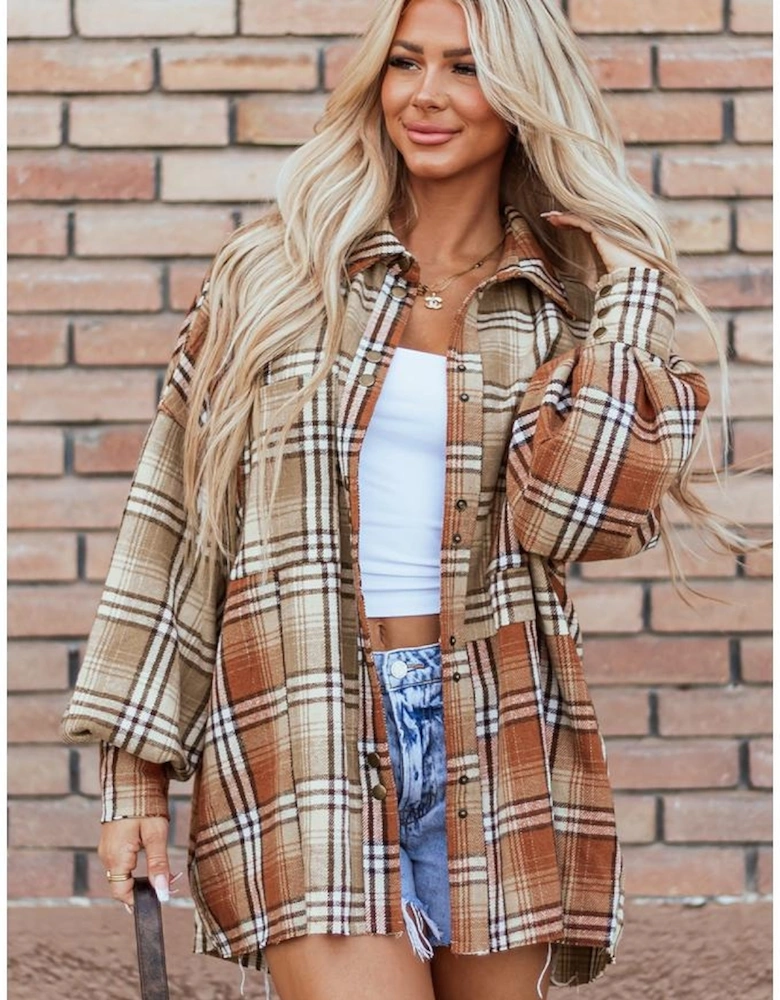 Khaki Plaid Colorblock Patchwork High Low Shacket