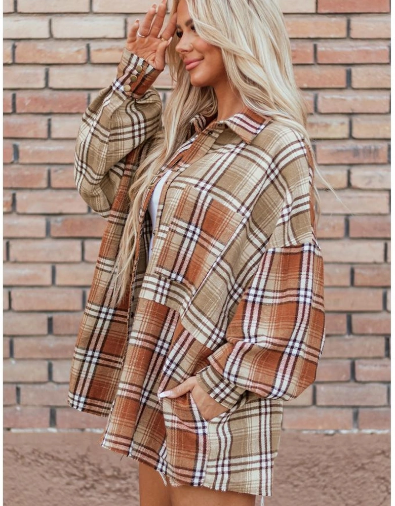 Khaki Plaid Colorblock Patchwork High Low Shacket
