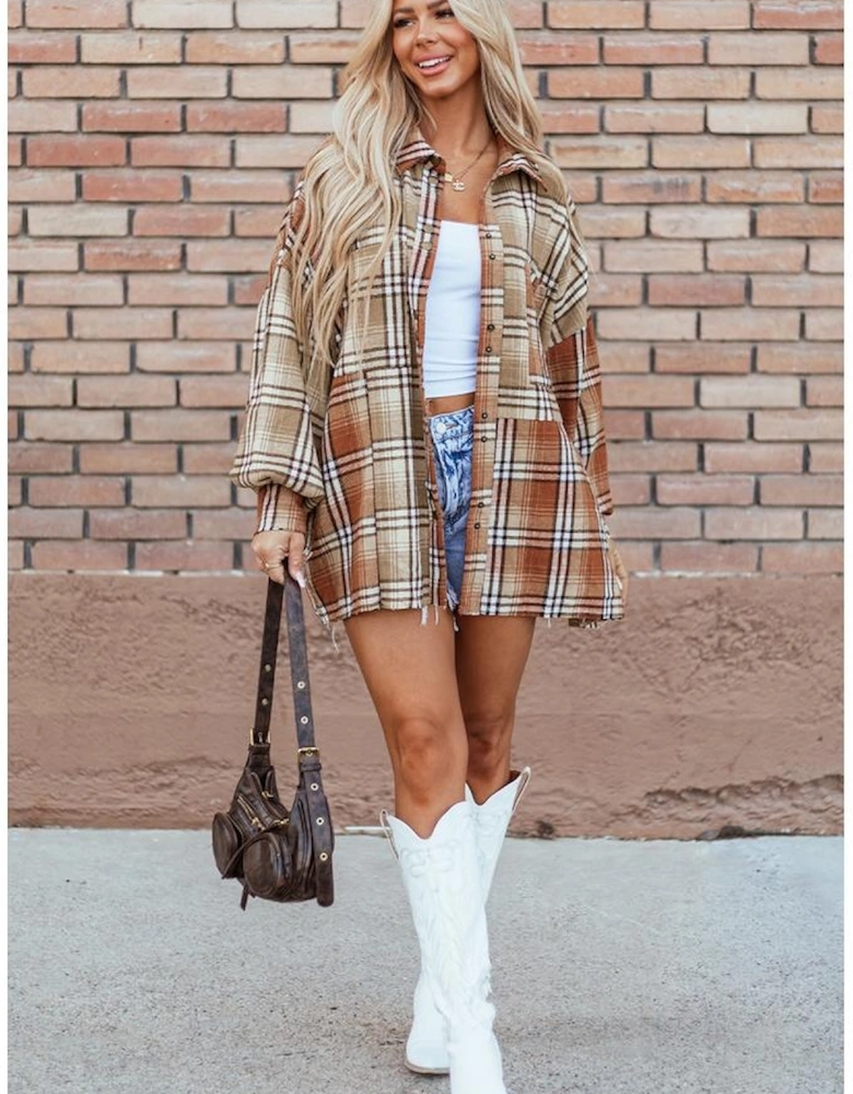 Khaki Plaid Colorblock Patchwork High Low Shacket