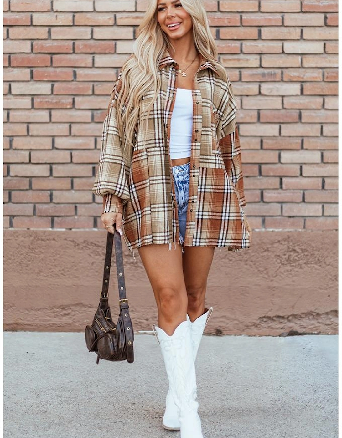Khaki Plaid Colorblock Patchwork High Low Shacket