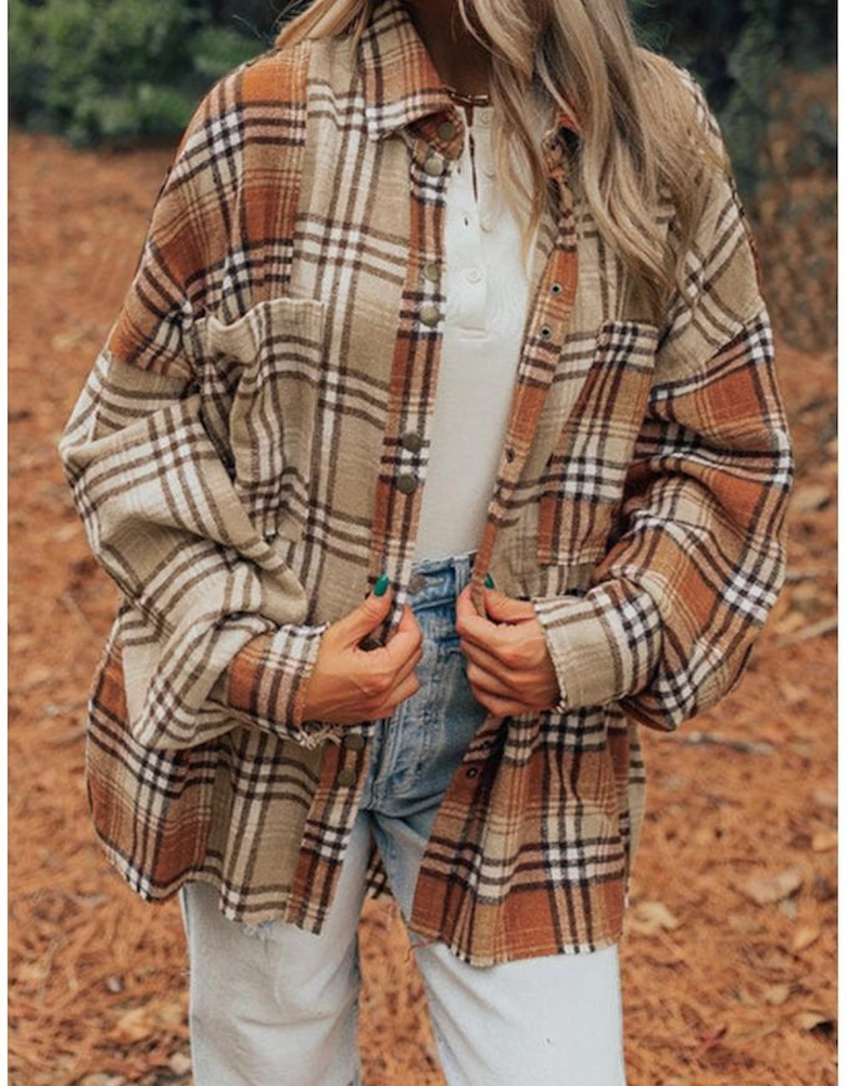 Khaki Plaid Colorblock Patchwork High Low Shacket