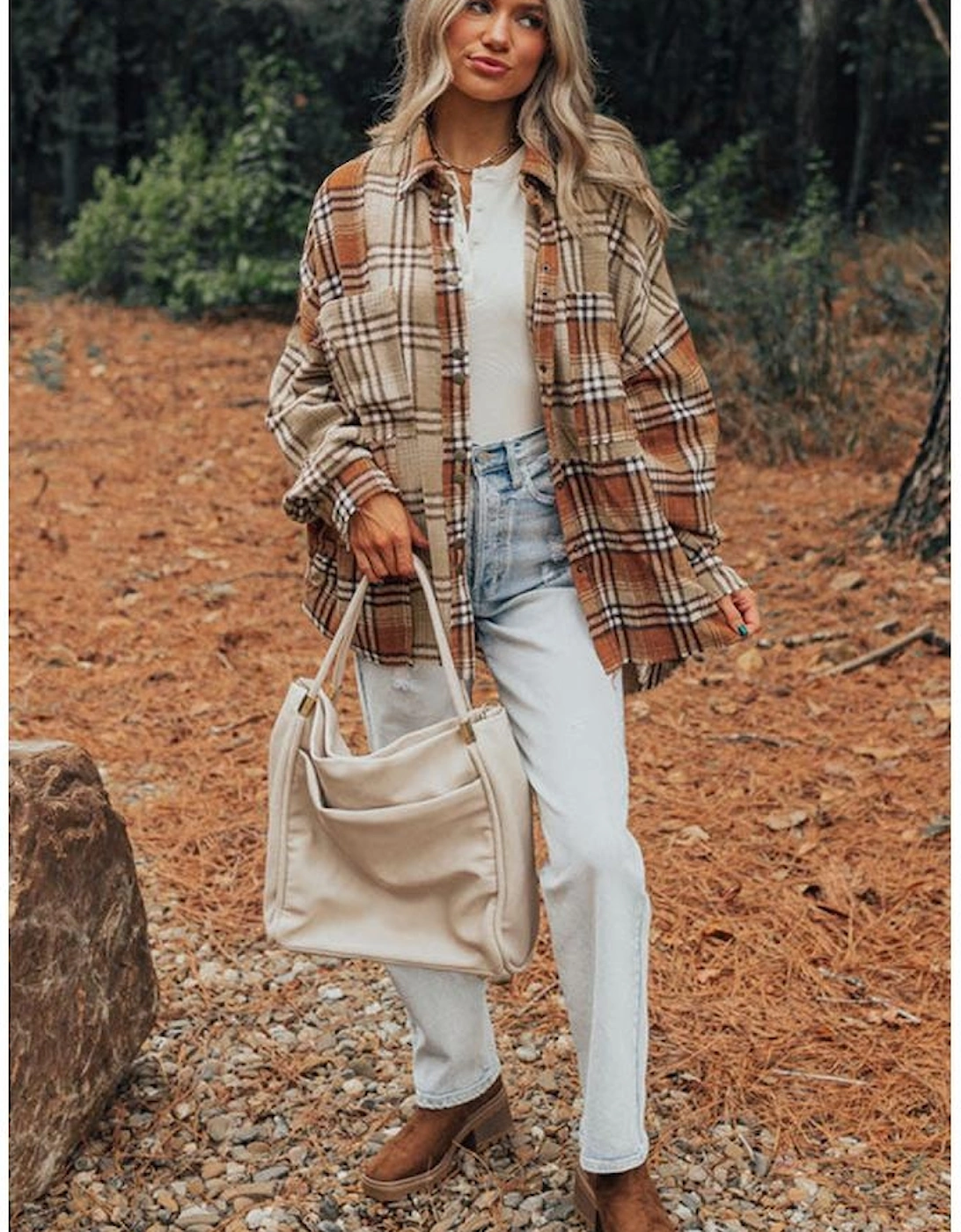 Khaki Plaid Colorblock Patchwork High Low Shacket