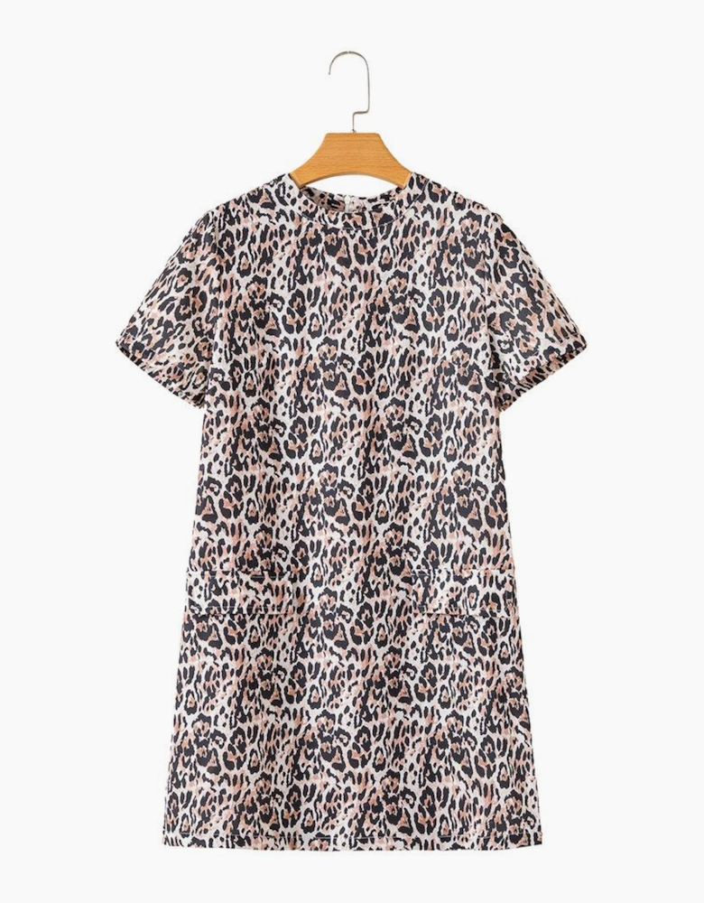 Brown Leopard Print Crew Neck Shift Short T Shirt Dress