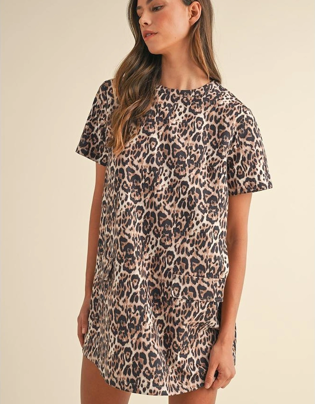 Brown Leopard Print Crew Neck Shift Short T Shirt Dress