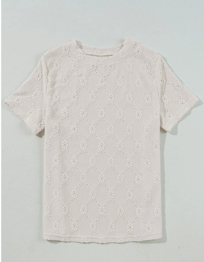 White Geometric Embroidered Slim Fit O Neck T Shirt