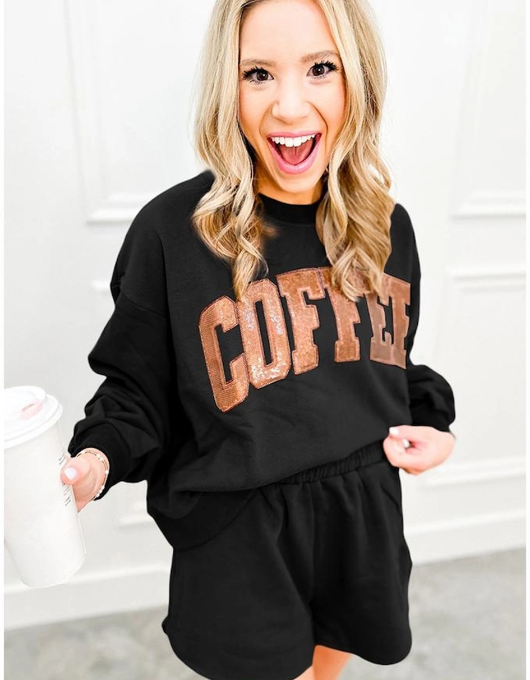 Black Sequined COFFEE Loose Fit Sweatshirt and Shorts Set, 16 of 15