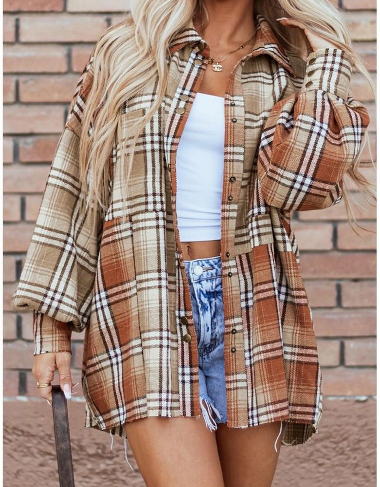Khaki Plaid Colorblock Patchwork High Low Shacket