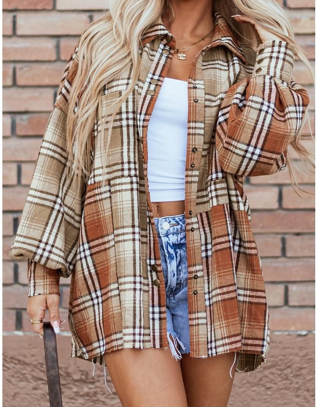 Khaki Plaid Colorblock Patchwork High Low Shacket