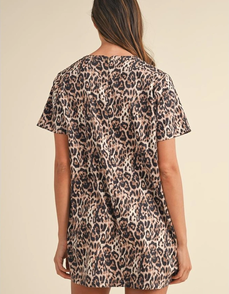 Brown Leopard Print Crew Neck Shift Short T Shirt Dress