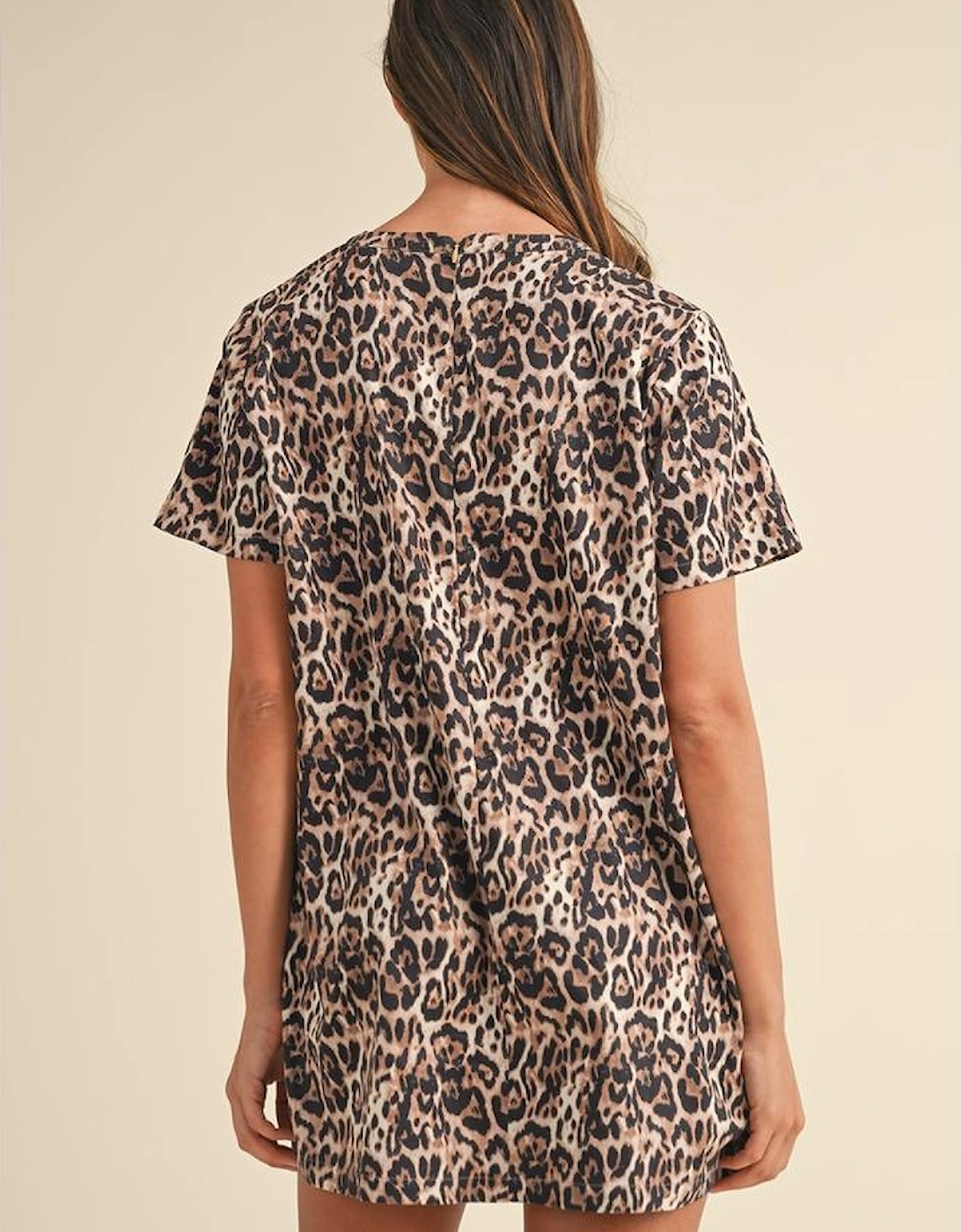 Brown Leopard Print Crew Neck Shift Short T Shirt Dress