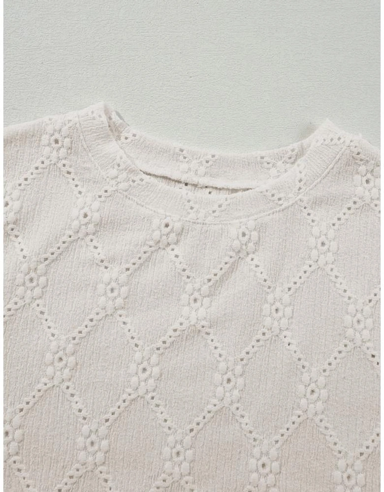 White Geometric Embroidered Slim Fit O Neck T Shirt