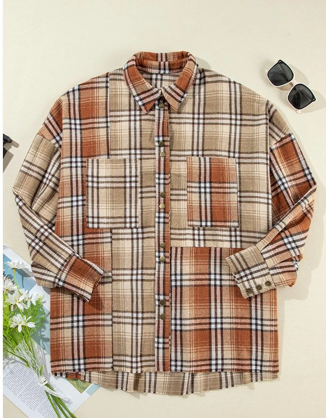Khaki Plaid Colorblock Patchwork High Low Shacket