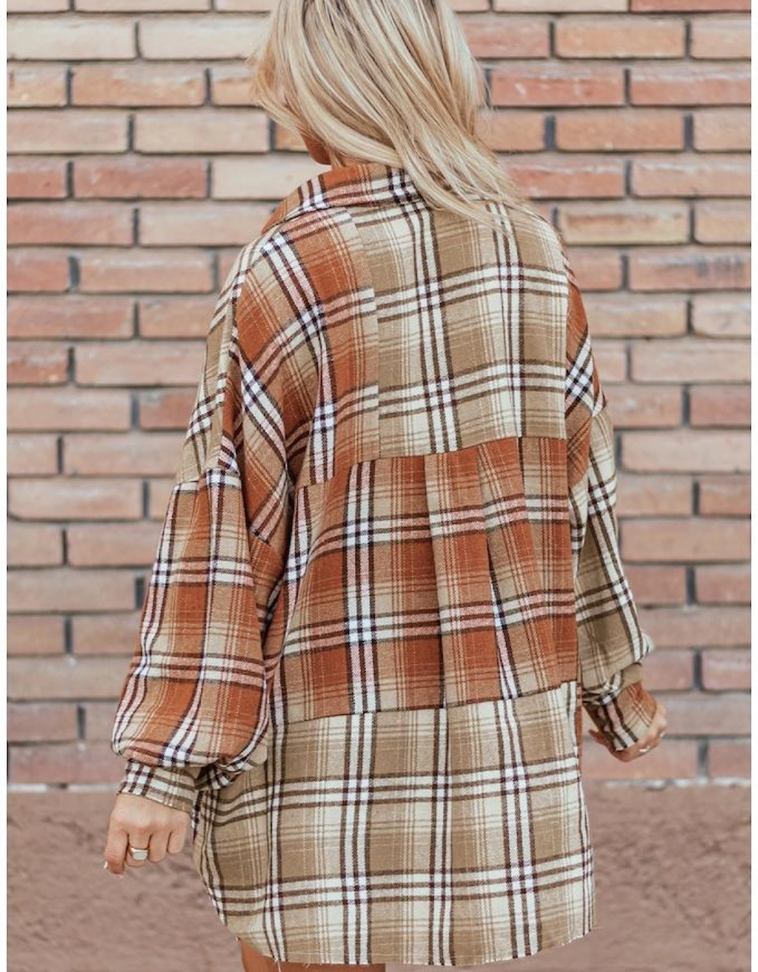 Khaki Plaid Colorblock Patchwork High Low Shacket