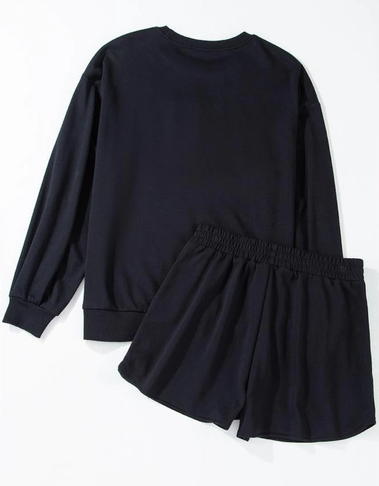 Black Sequined COFFEE Loose Fit Sweatshirt and Shorts Set