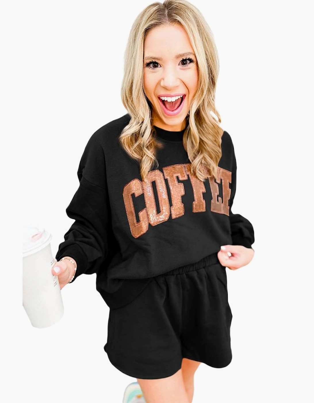 Black Sequined COFFEE Loose Fit Sweatshirt and Shorts Set