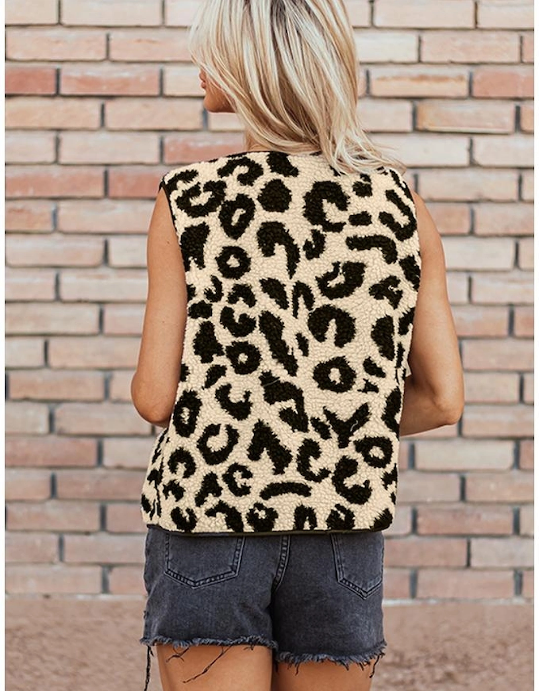 Black Leopard Print Sherpa Vest Coat