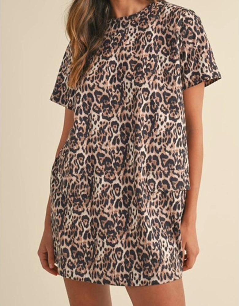 Brown Leopard Print Crew Neck Shift Short T Shirt Dress
