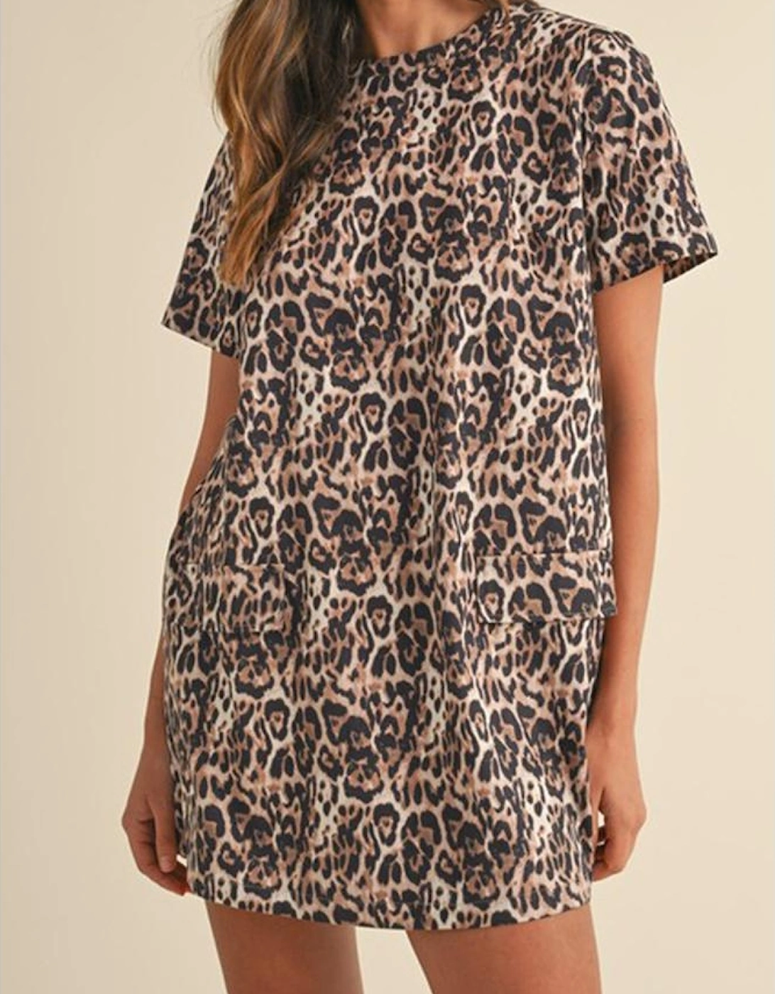 Brown Leopard Print Crew Neck Shift Short T Shirt Dress