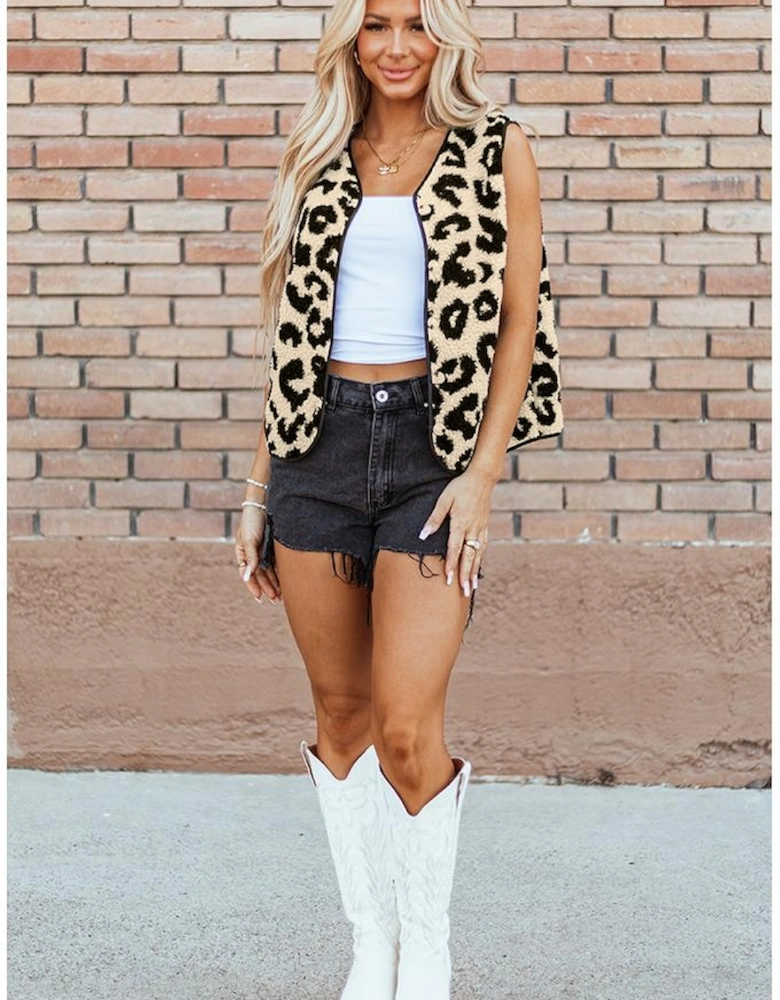 Black Leopard Print Sherpa Vest Coat