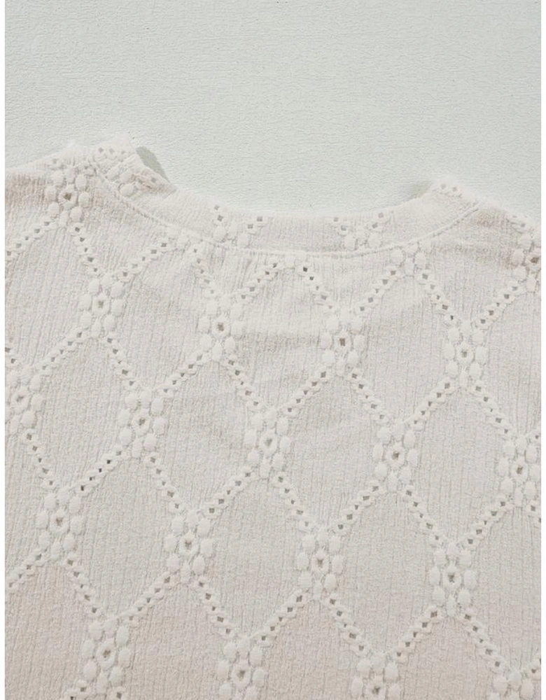 White Geometric Embroidered Slim Fit O Neck T Shirt