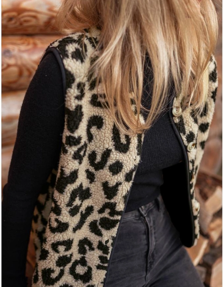 Black Leopard Print Sherpa Vest Coat
