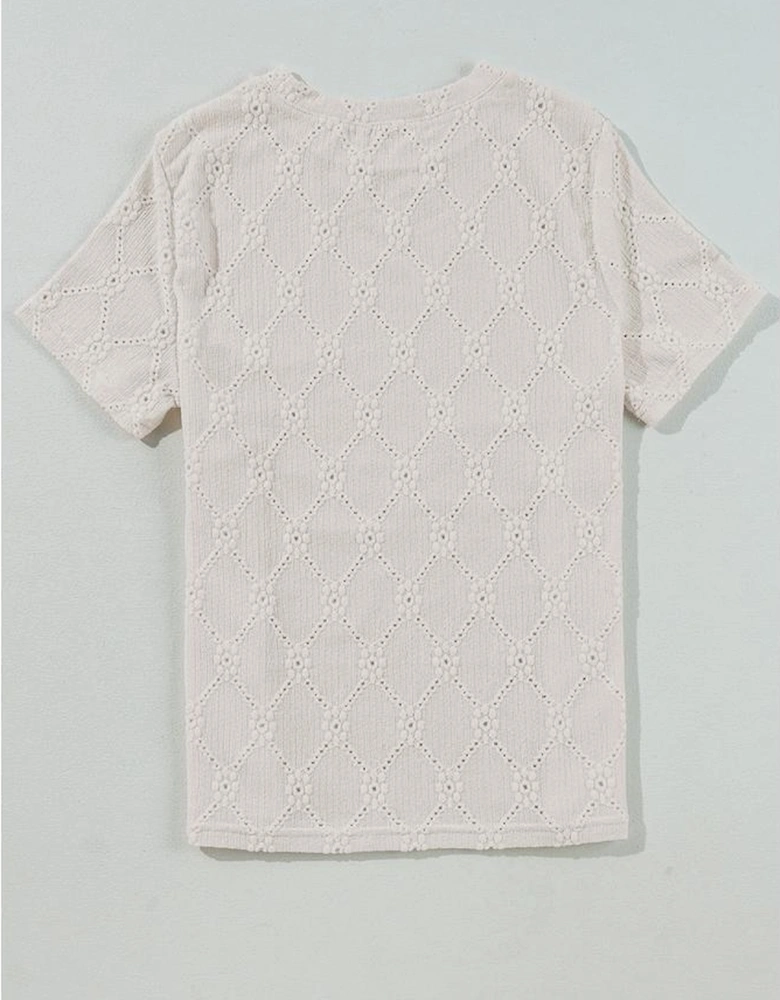 White Geometric Embroidered Slim Fit O Neck T Shirt