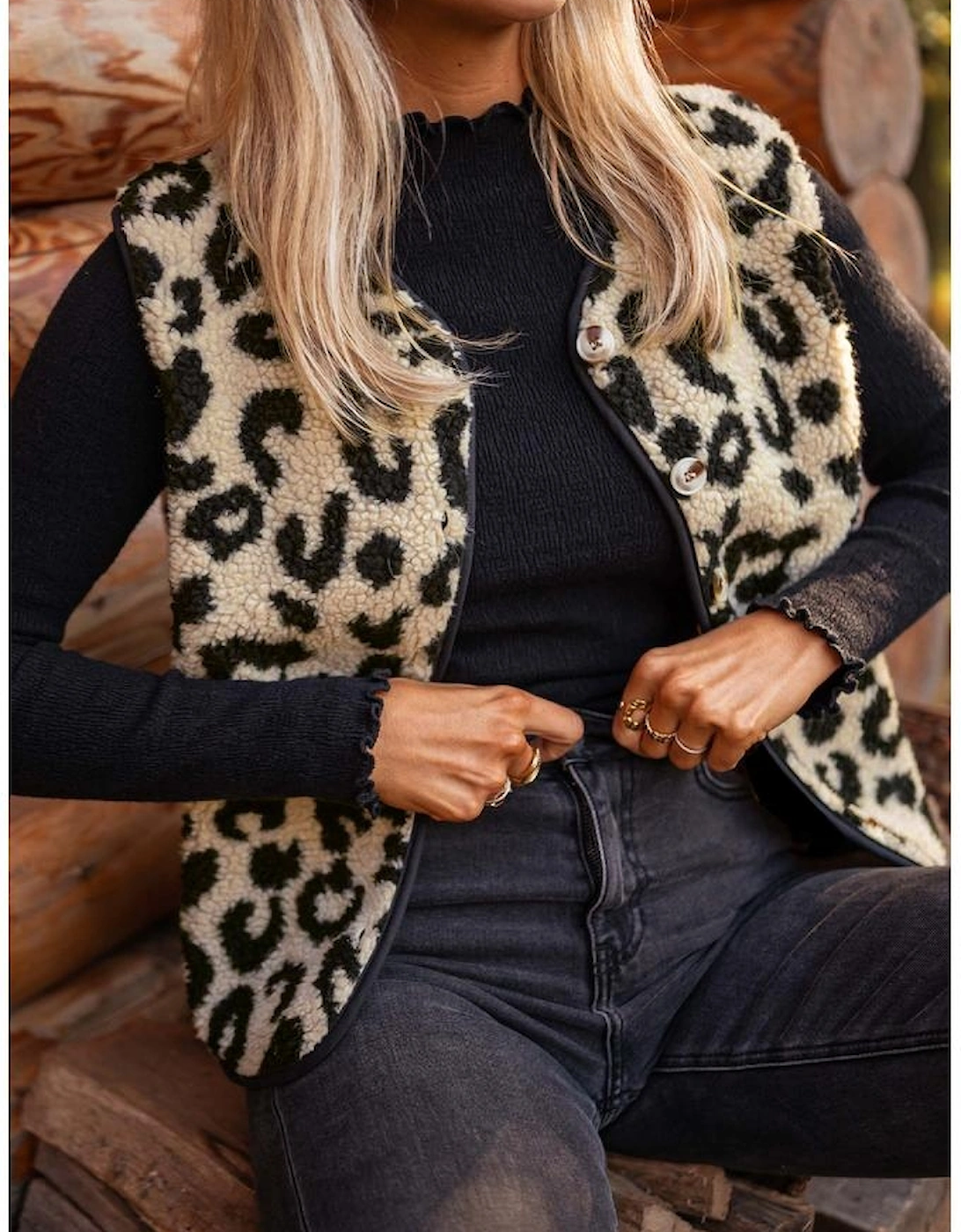 Black Leopard Print Sherpa Vest Coat