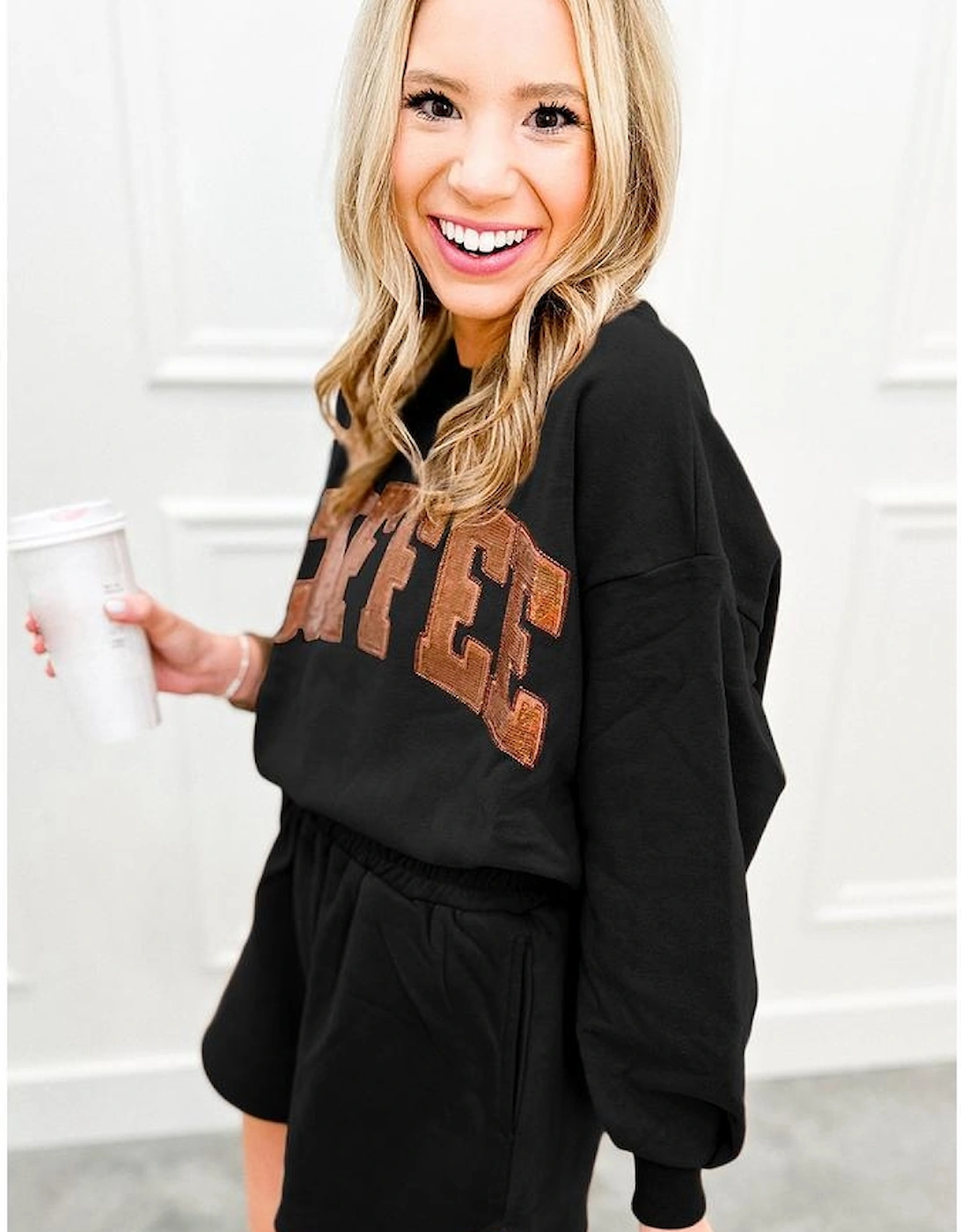 Black Sequined COFFEE Loose Fit Sweatshirt and Shorts Set