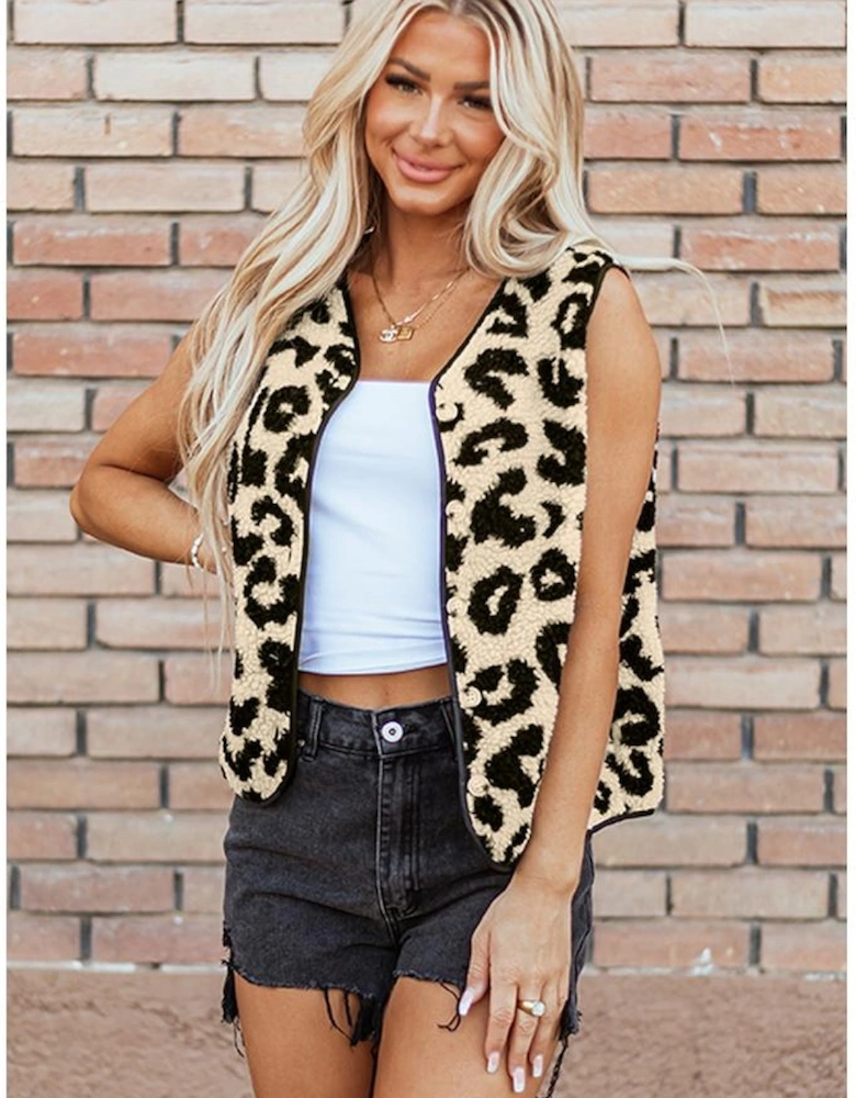 Black Leopard Print Sherpa Vest Coat