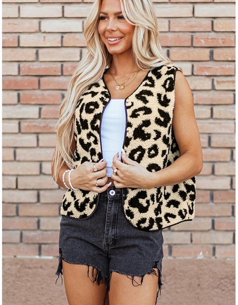 Black Leopard Print Sherpa Vest Coat