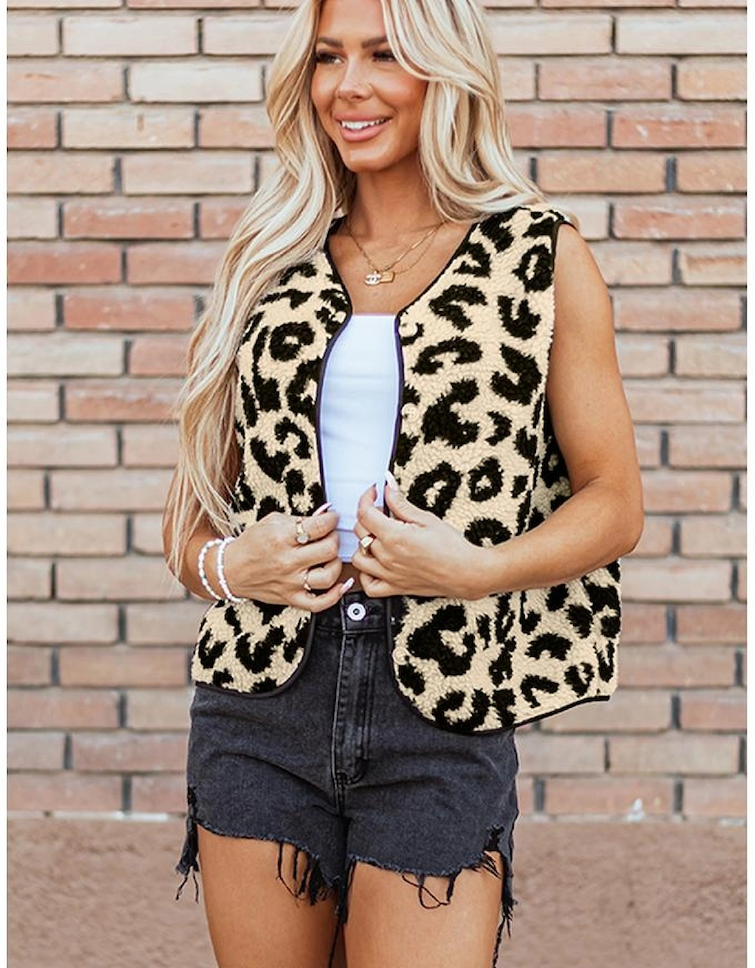 Black Leopard Print Sherpa Vest Coat
