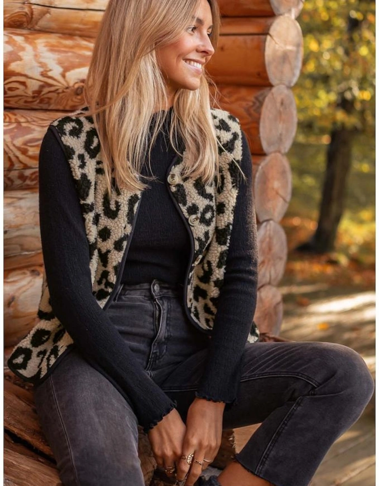 Black Leopard Print Sherpa Vest Coat