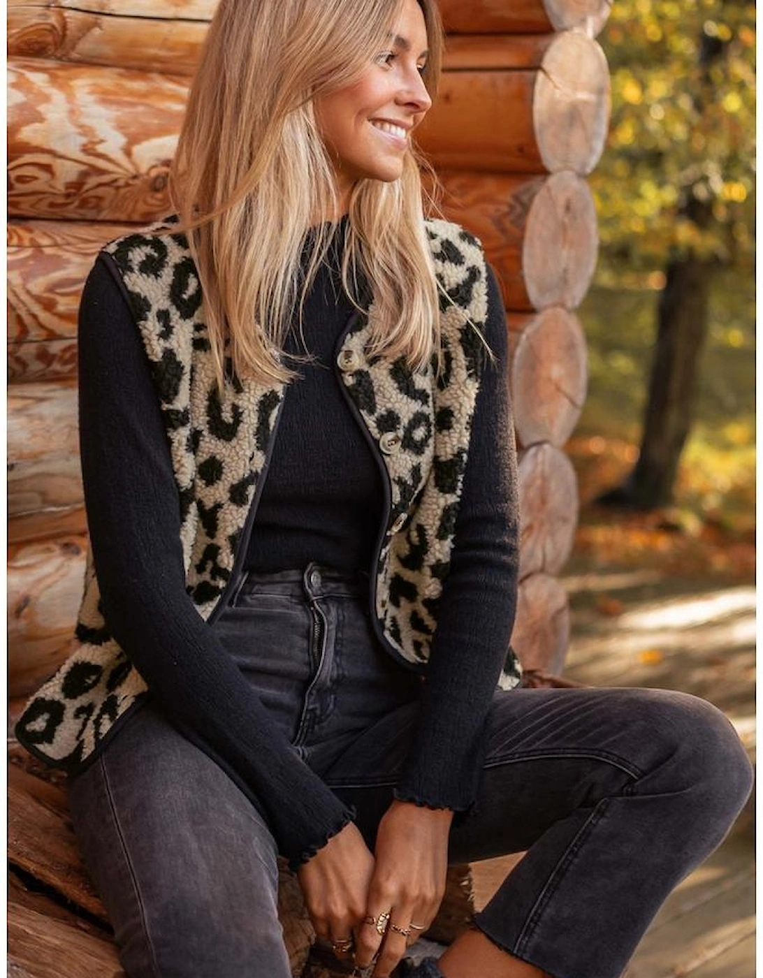 Black Leopard Print Sherpa Vest Coat