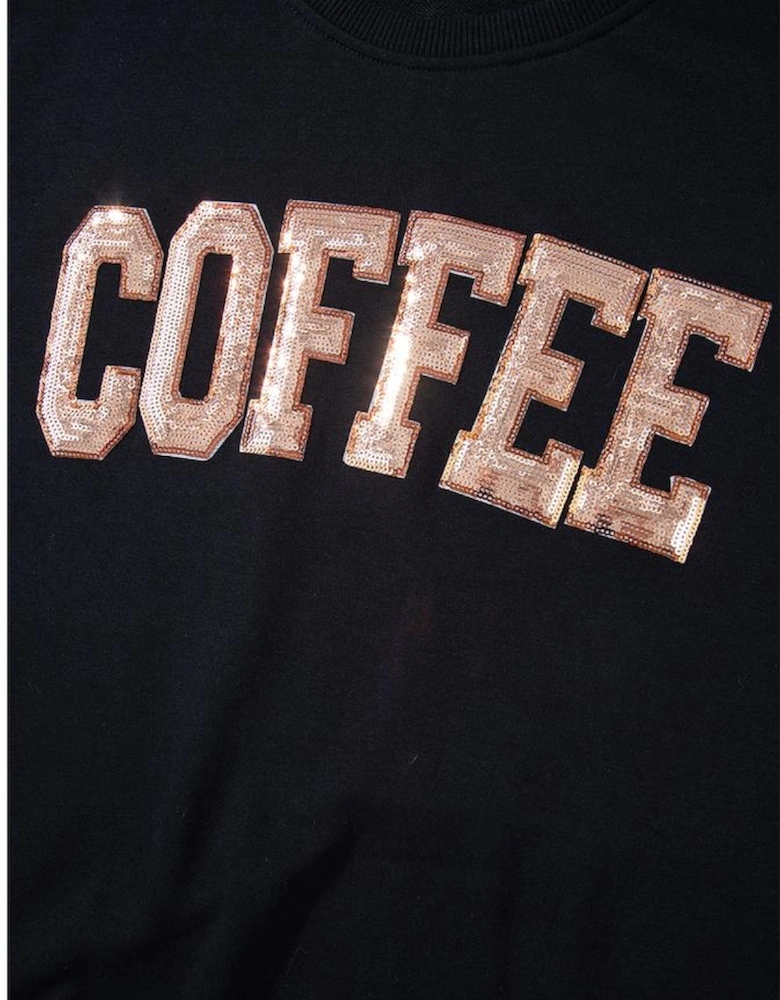 Black Sequined COFFEE Loose Fit Sweatshirt and Shorts Set