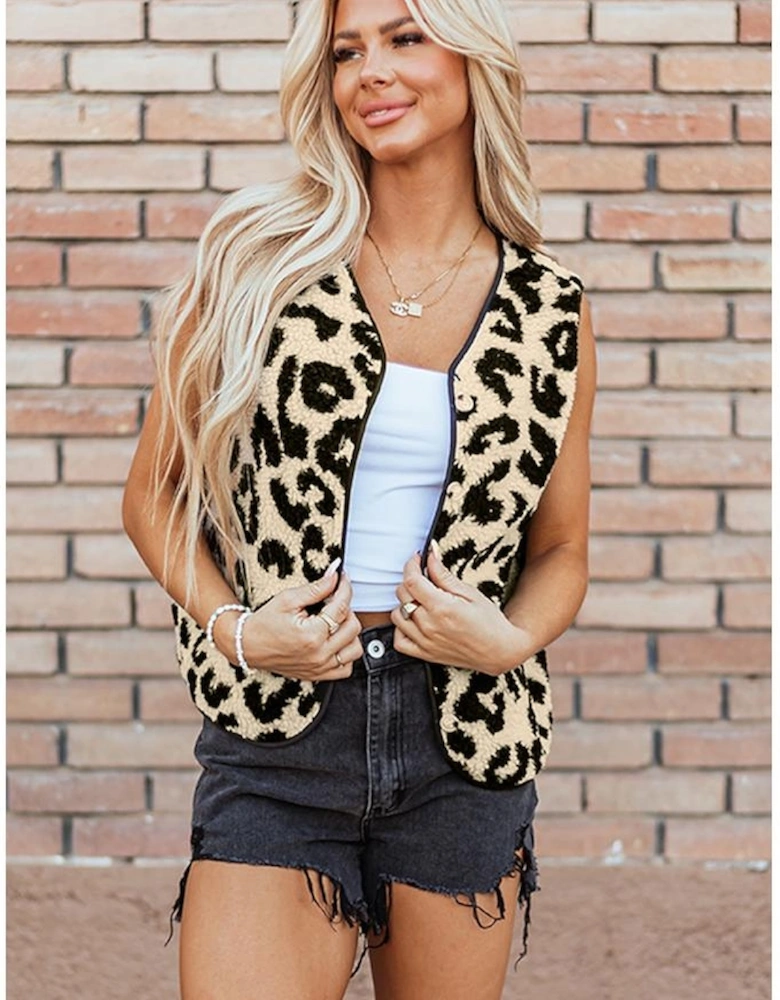 Black Leopard Print Sherpa Vest Coat