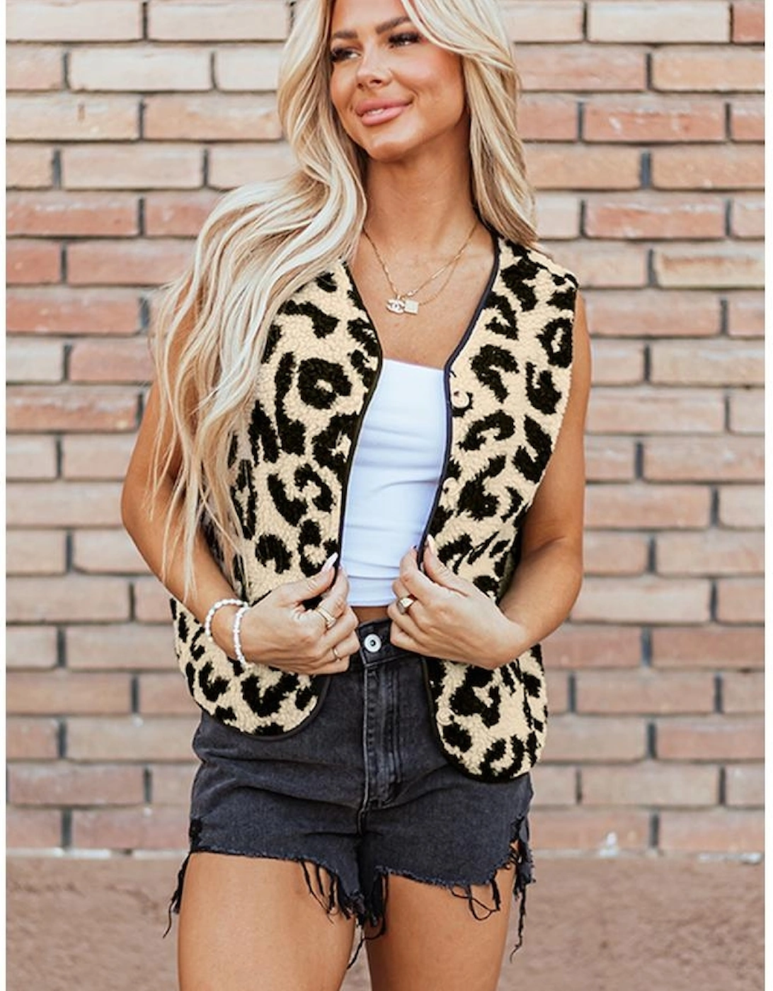 Black Leopard Print Sherpa Vest Coat