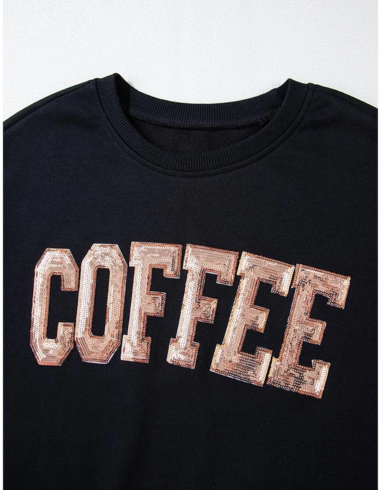 Black Sequined COFFEE Loose Fit Sweatshirt and Shorts Set