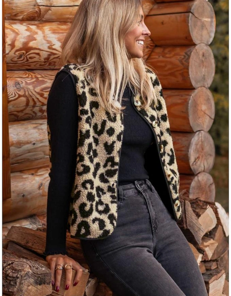 Black Leopard Print Sherpa Vest Coat