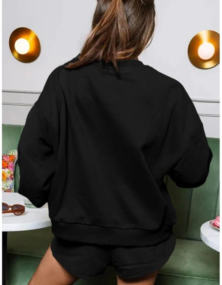 Black Sequined COFFEE Loose Fit Sweatshirt and Shorts Set