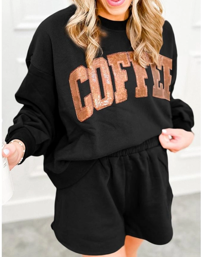 Black Sequined COFFEE Loose Fit Sweatshirt and Shorts Set