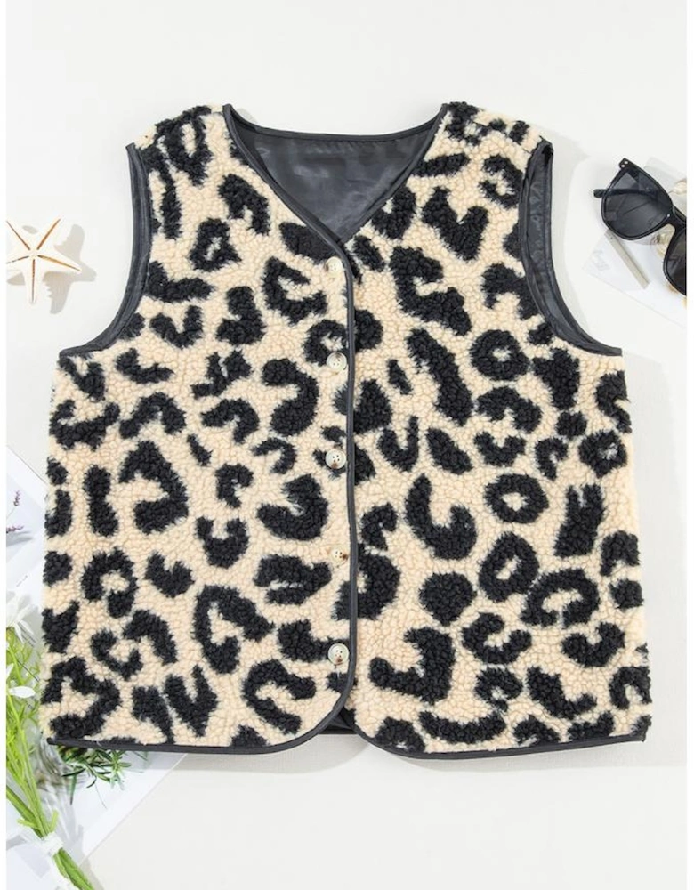 Black Leopard Print Sherpa Vest Coat