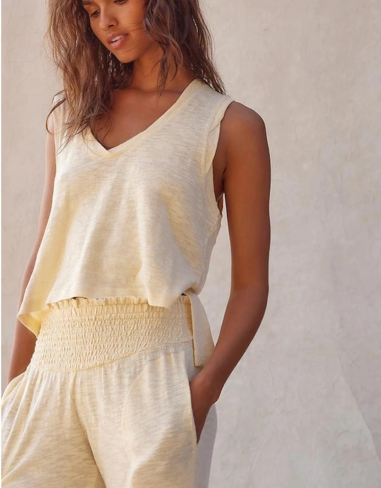 Beige Solid Color Tank Top and Smocked Waist Pants Set