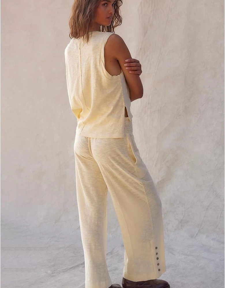 Beige Solid Color Tank Top and Smocked Waist Pants Set